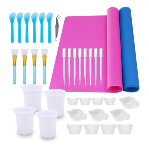 Epoxy Resin Mixing Tools Kit 36Pcs, Reusable Soft Silicone Supplies, Includes Mats, Measuring Cups