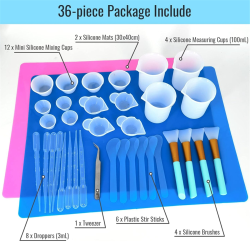 Epoxy Resin Mixing Tools Kit 36Pcs, Reusable Soft Silicone Supplies, Includes Mats, Measuring Cups 1