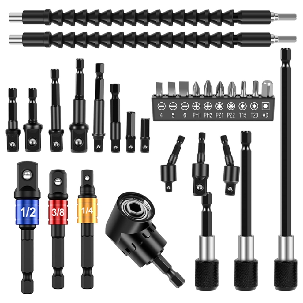 30Pcs Flexible Drill Bit Extension Kit,Right Angle Attachmen,Rotatable Socket Adapter,Bendable Extender 4853504604436