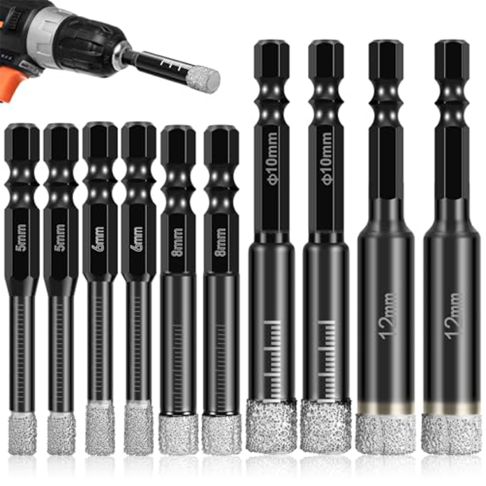 10Pcs Dry Diamond Drill Bits Set,3/16Inch 1/4Inch 5/16Inch 3/8Inch 1/2Inch For Ceramic Marble Glass,Not Wood 4853504610369