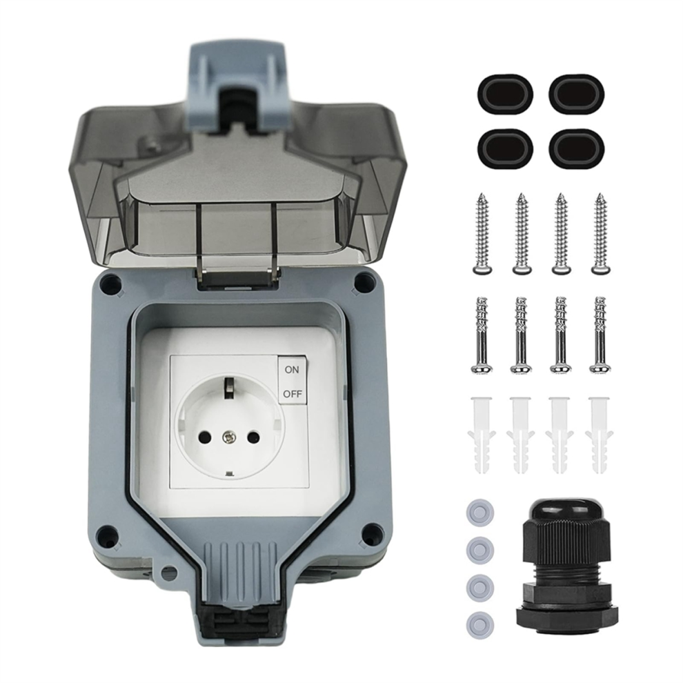 Outdoor Socket Waterproof 1-Way Ip66 With Switch Indicator Light And Hinged Lid Lockable Eu Plug 4853504616972