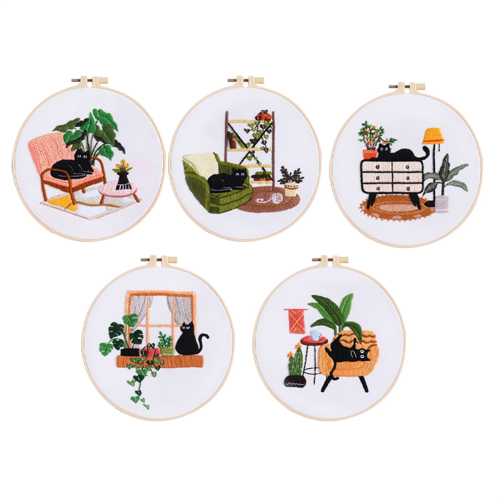 5 Sets Embroidery Kit for Beginners Adults , Hand Includes Leisure Cat, Hoop, Color Threads, Tools 1