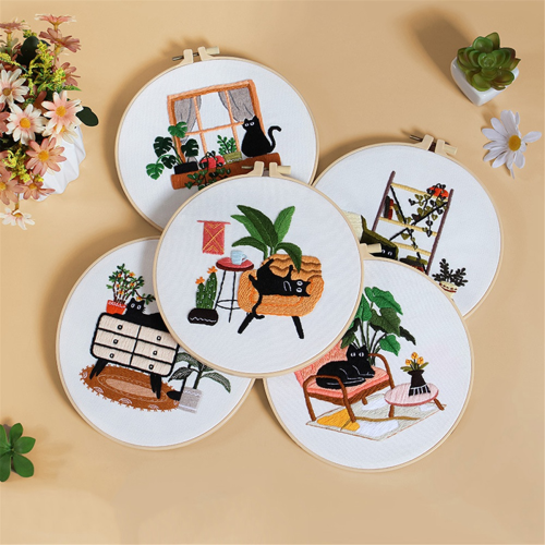 5 Sets Embroidery Kit for Beginners Adults , Hand Includes Leisure Cat, Hoop, Color Threads, Tools 2