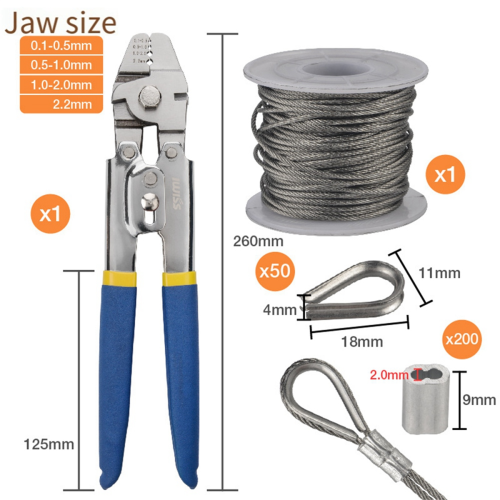 Wire Rope Crimping Tool,50FT Rope,Wire Tool Kit with 200PCS Aluminum Loop Sleeve,Wire 1