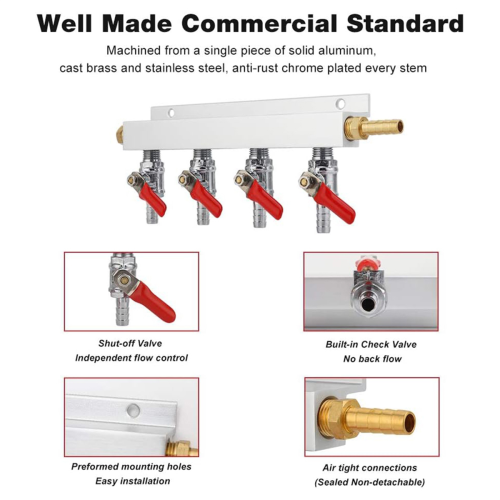 4-Way Gas Manifold 5/16inch Barbed Integrated Check Valve CO2 Distributor 2