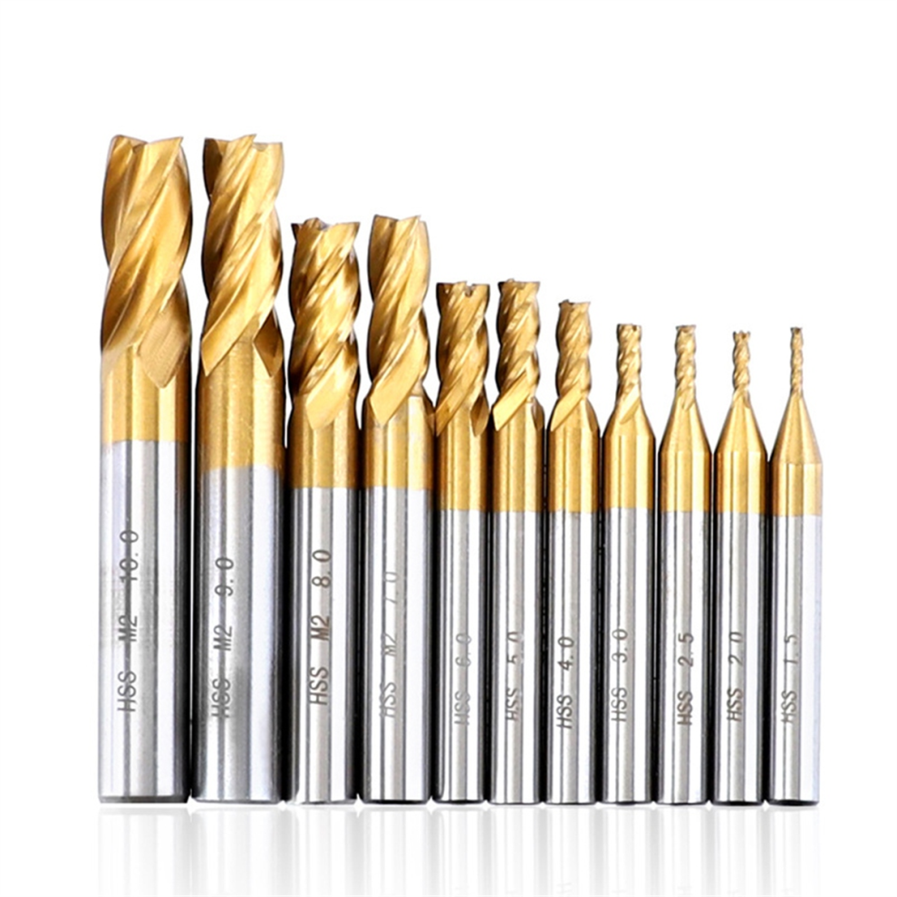 11Pcs Milling Cutters 4-Flute Titanium Coated Hss End Mill Set 1.5-10Mm Cnc Router Bit For Wood Steel 4853504631210