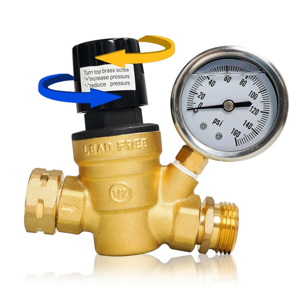Rv Water Pressure Regulator, Adjustable Handle Brass Regulator With Gauge And Inlet Screen Filter For 4853504663969