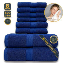 8 Pack of Bath Towels, All Cotton Solid Color Absorbent Soft Large Towels, Bathroom Towels - Towel: 34 * 74cm, Blue