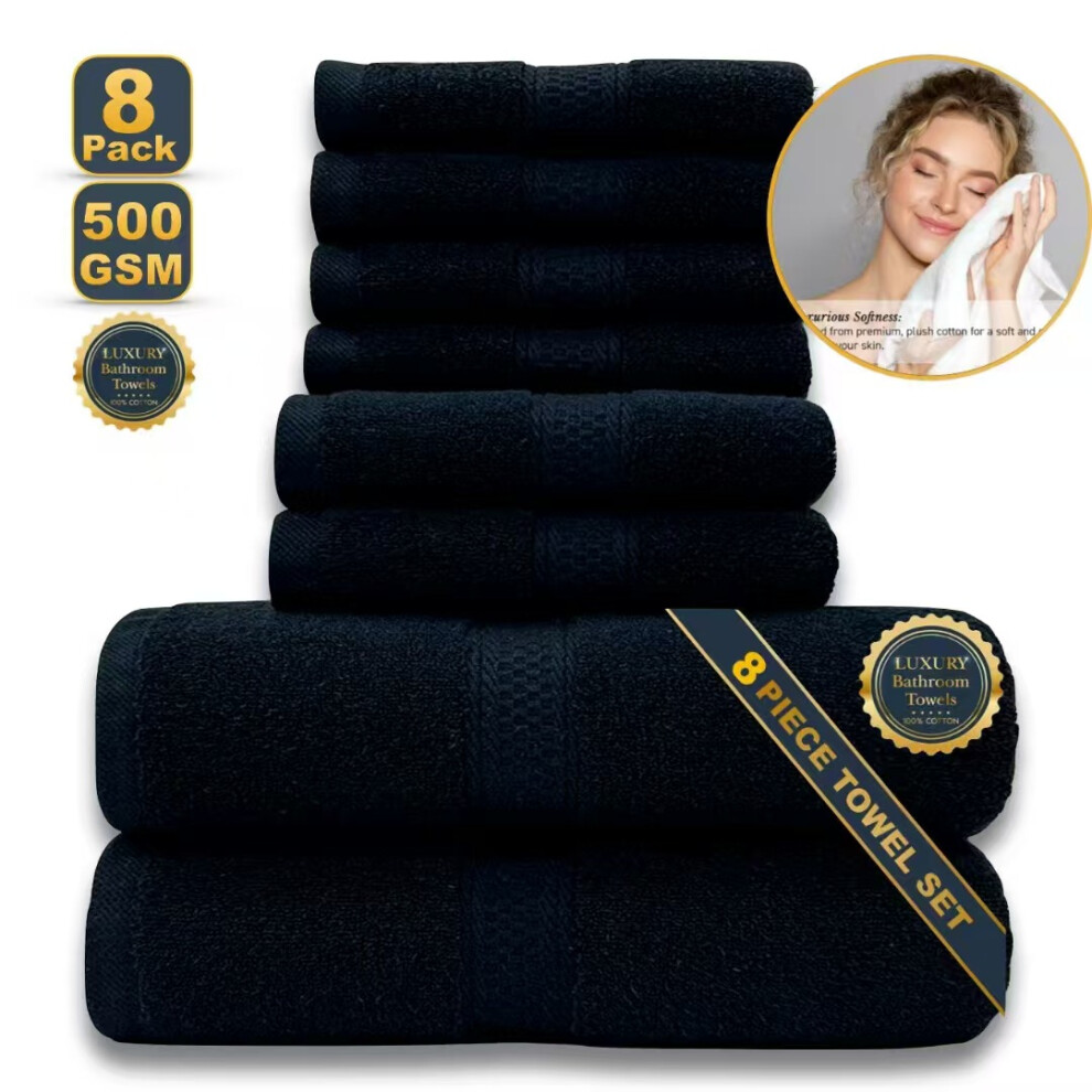 8 Pack of Bath Towels, All Cotton Solid Color Absorbent Soft Large Towels, Bathroom Towels - Towel: 34 * 74cm, Black-image-OPC-PJ8RPV8-NEW
