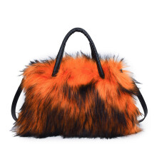 (Orange) Women Plush Square Faux Fur Fluffy Handbag Shoulder Crossbody Purse Zip Chain