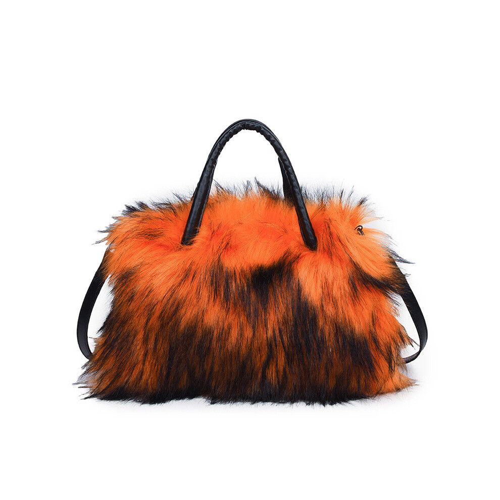 (Orange) Women Plush Square Faux Fur Fluffy Handbag Shoulder Crossbody Purse Zip Chain Orange