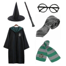(135cm (7-8 years), Green) Harry Potter 6pc Set Magic Wizard Cosplay Fancy Dress Cape Cloak Costume
