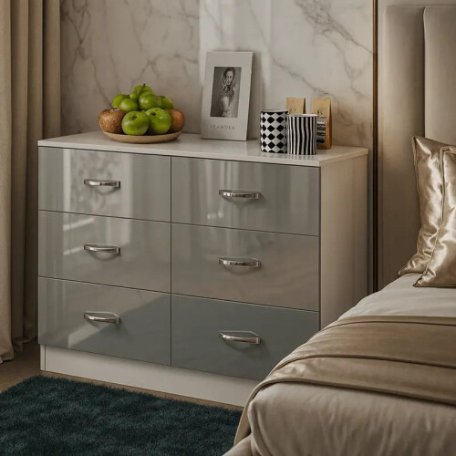 Harmin Grey High Gloss 6 Drawer Storage Cabinet with Matt White Frame 2