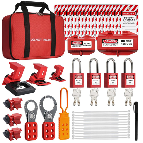 Lockout Tagout Kit, Electrical 4 Keyed Different LotoSafety Padlocks, Hasps, Plug Lockout, Clamp 1