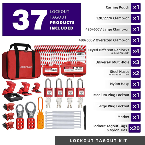 Lockout Tagout Kit, Electrical 4 Keyed Different LotoSafety Padlocks, Hasps, Plug Lockout, Clamp 2