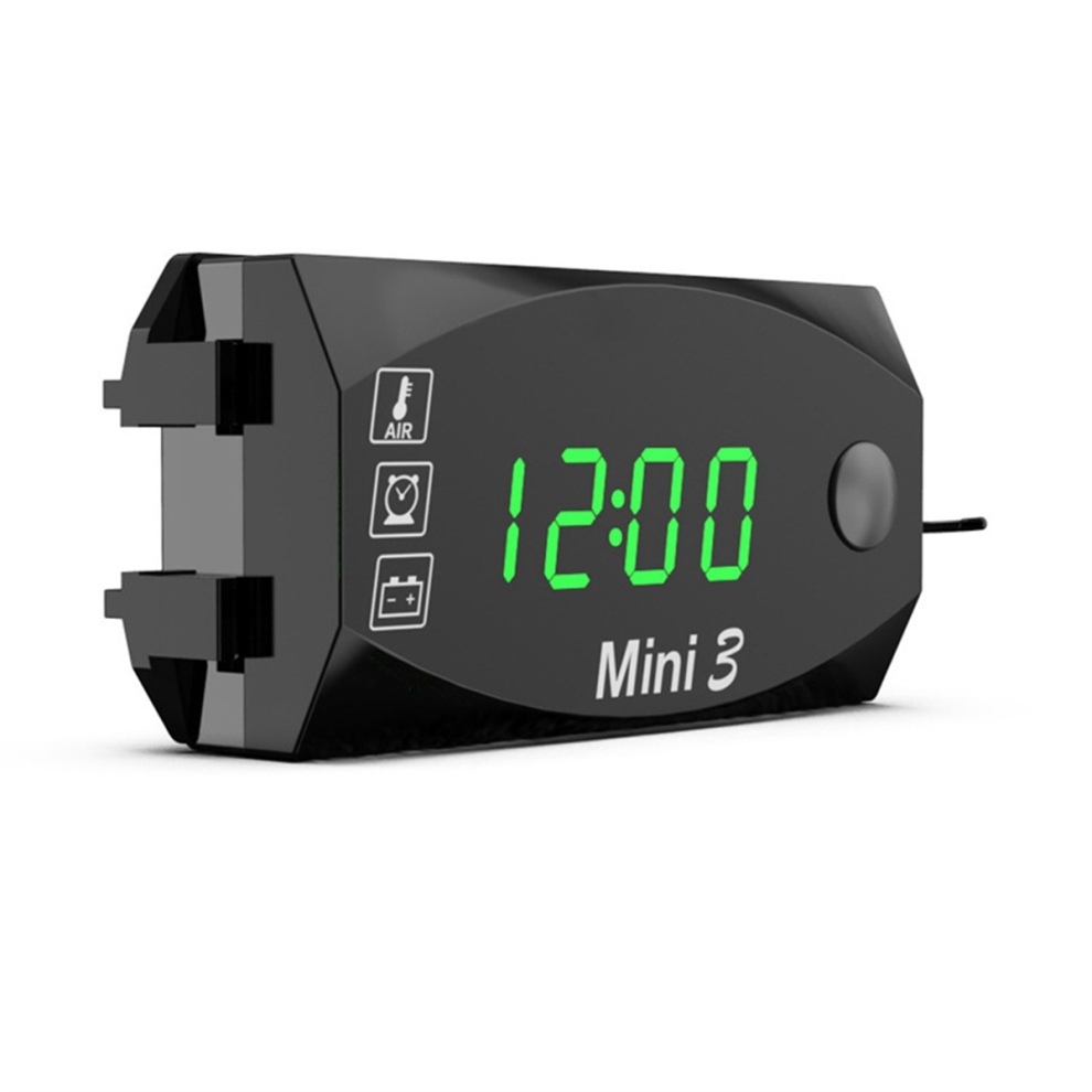 Lcd Display Voltmeter Waterproof Ip67 Digital Time Clock For Motorcycle Scooter Car Boat Thermometer, Green/Light 4851045578865