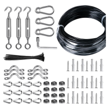 Outdoor String Light Hanging Kit, 200 Ft. Stainless Steel (304) Rope Cable, Black Vinyl Coating, Swivel Buckle
