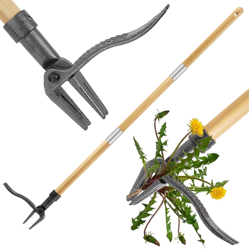 46 Inch Weed Puller Tool with Long Handle, Bamboo Grip & 4 Claw Steel Head, 3-Section Design for Stand Up Gardening 2