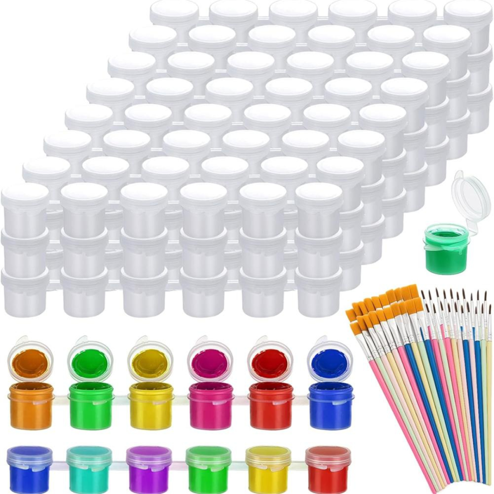 Saudism 150Pcs Paint Pot With Lid & 50Pcs Brushes,0.17Oz Empty Containers Lids, For Kids Classrooms Schools Art