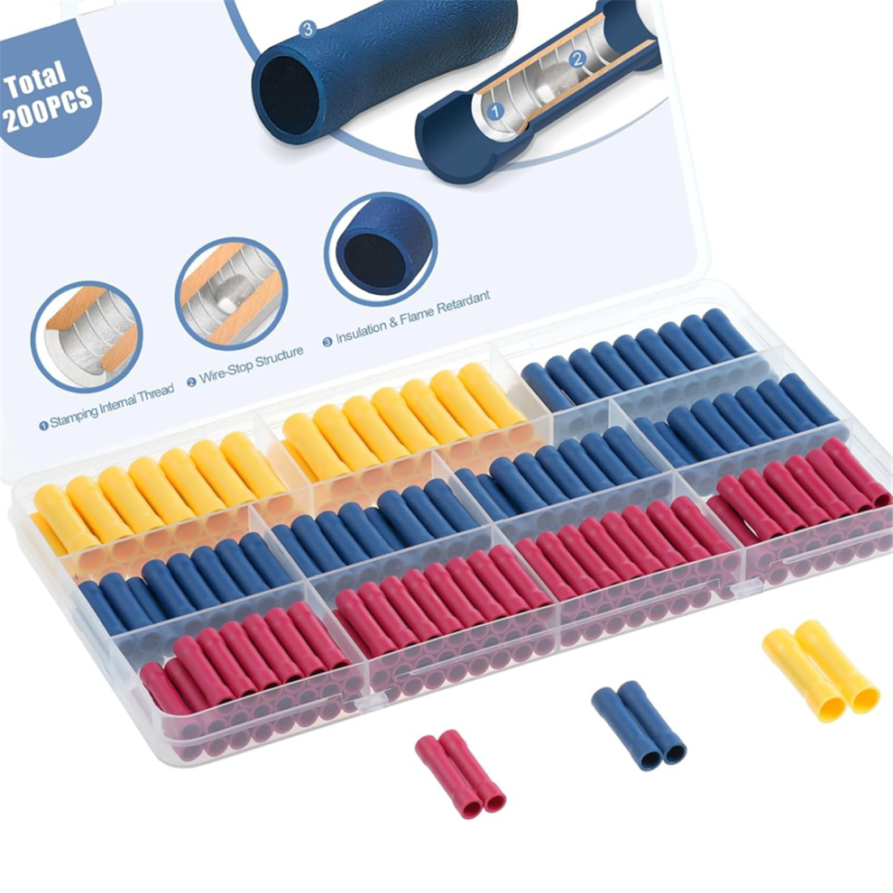200Pcs Wire Butt Splice Connectors Kit, 22-10 Awg Electrical Crimp Terminal Connector Fully Insulated Wiring 4851045505861