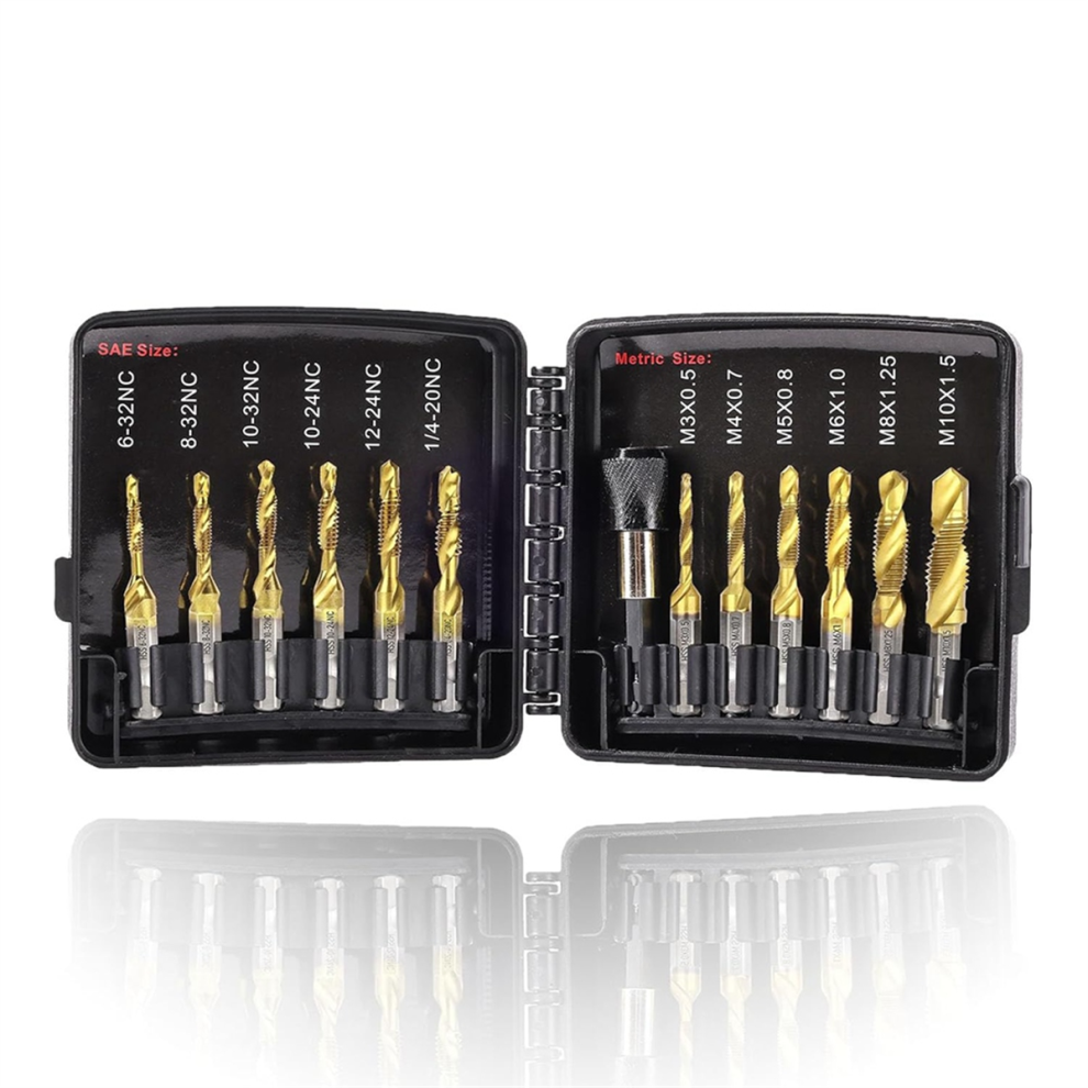 Drill Tap Set With Quick-Change Adapter Of 13Pcs, 6 Sae Sizes, Metric Combination And 4851045542521
