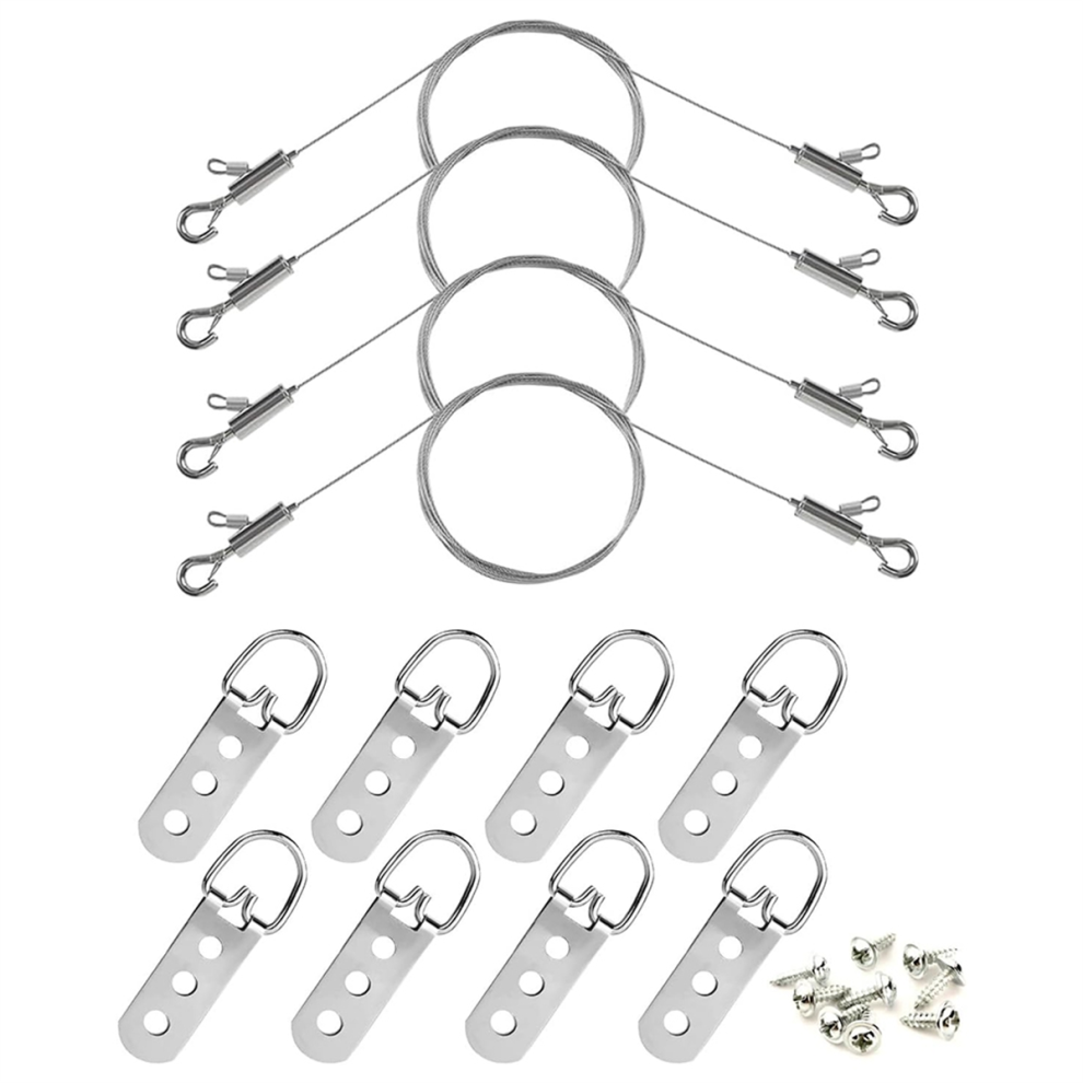 Adjustable Picture Hanging Wire And D Rings, With Small Clips, 8Pcs 3-Hole Rings Screws, For Mirror/ Frame 4853680496900