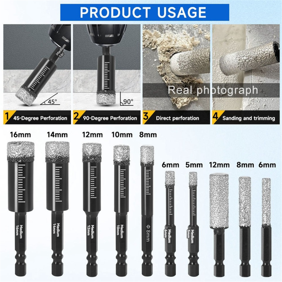 Photos - Bits / Sockets Diamond Drill Bit and Grinding Rod Set 10PC for Ceramic Tile,Glass,Marble Hexagonal Shank Dry Wet Use Size 5-16mm