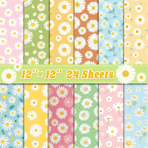 24 Sheets Scrapbook Paper 12inch X Double-Sided Bows Pattern Decorative Decoupage Cardstock Daisy