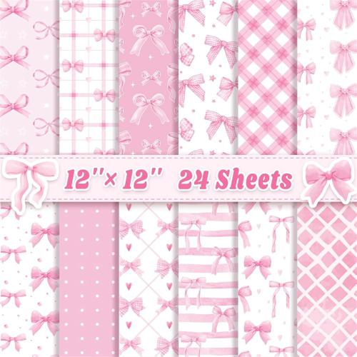 24 Sheets Scrapbook Paper 12inch X Double-Sided Bows Pattern Decorative Decoupage Cardstock Bow