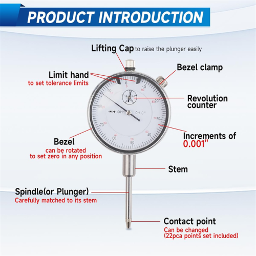 Magnetic Base Dial Indicator Kit with 22 Test Tips and Adjustable Long Arm for Lathe/Milling/Vibration Measurement 2