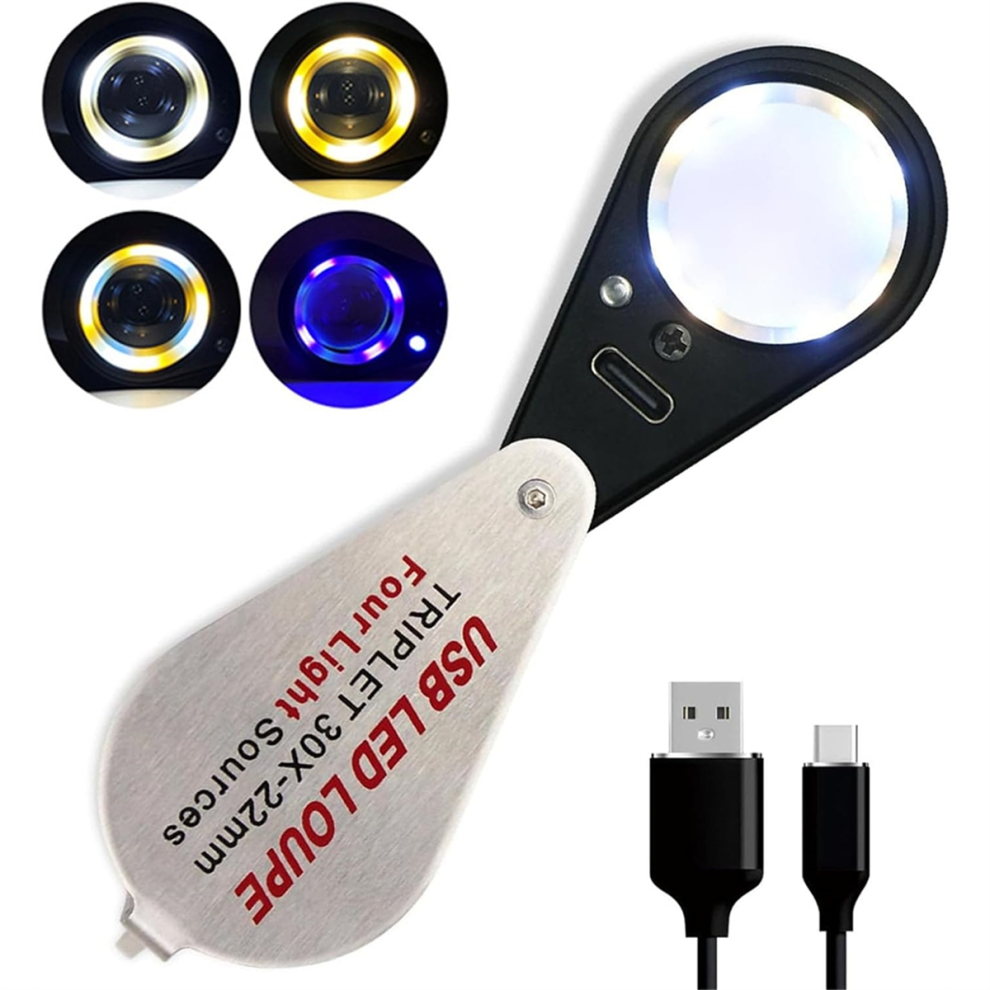 Saudism Light 30X Jewelers Loupe Magnifier Usb Rechargeable With Uv & Led S, Four Types Of ,For Gemstone, Coins, Stamps