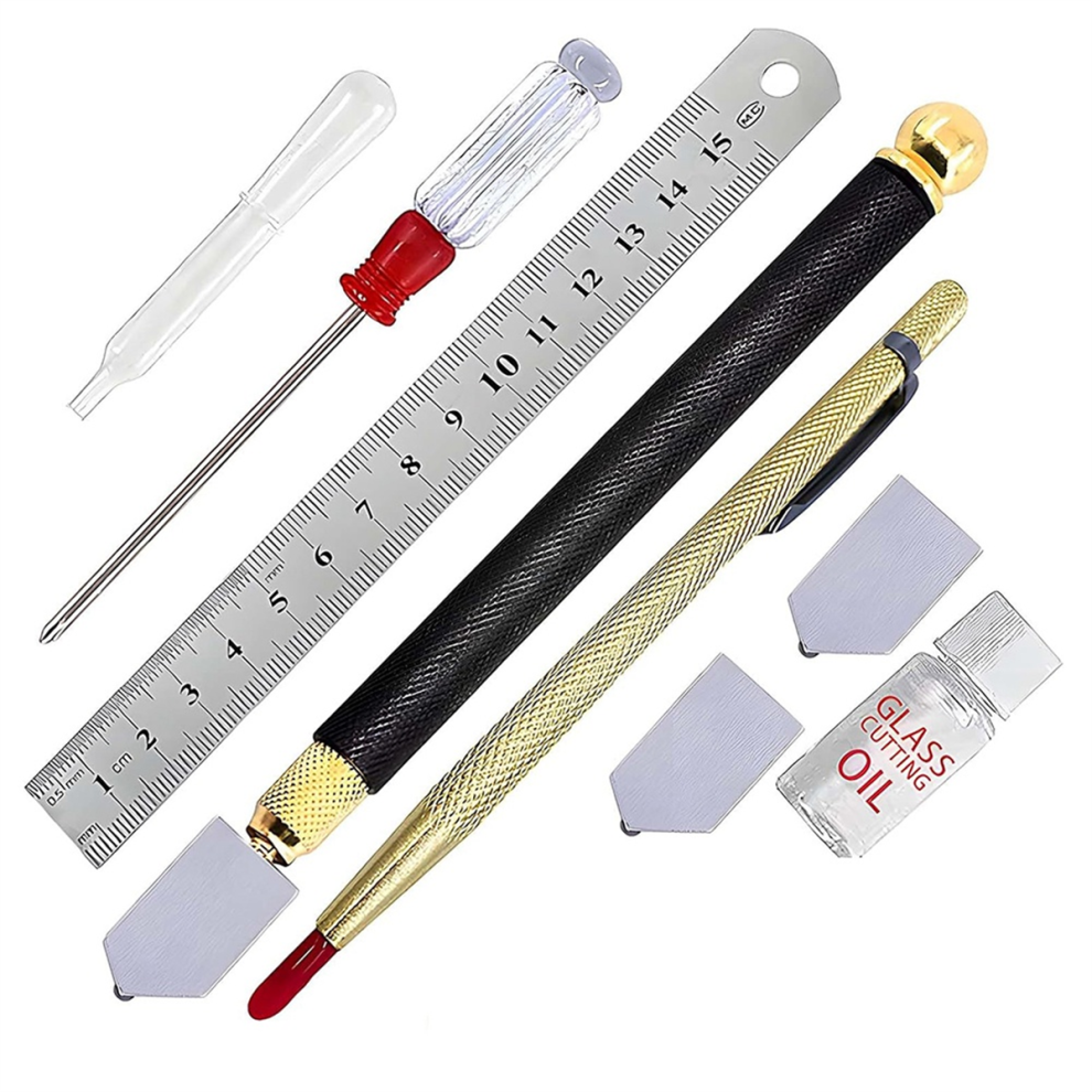Glass Cutting Kit With Ruler, Oil Bottle, Scoring Tools, 3-14Mm,Glass Tool Wite Carbide Tip Scriber,Steel Ruler 4853836125739