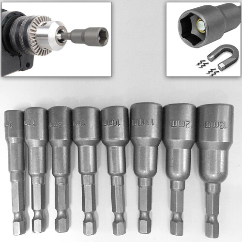 8pcs 1/4 inch Hex Magnetic Nut Driver Socket Set Metric Impact Drill Bits 6 to 13mm Adapter 2