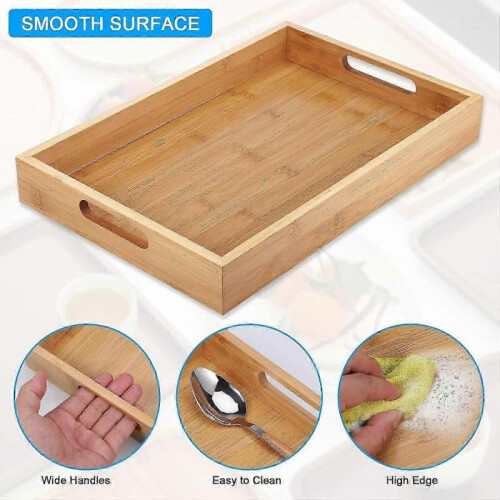 Rectangular  Bamboo Tray with Handles, for Food Serving, Dinner Breakfast , Tea ,Coffee Snack (38 x 25 x 5cm) 1