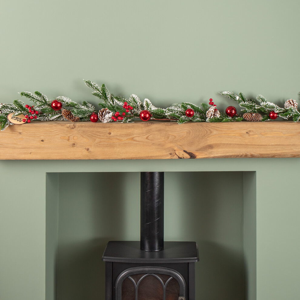 Red 1.9M Christmas Frosted Pinecone Garland With Berries And Baubles - Image 3