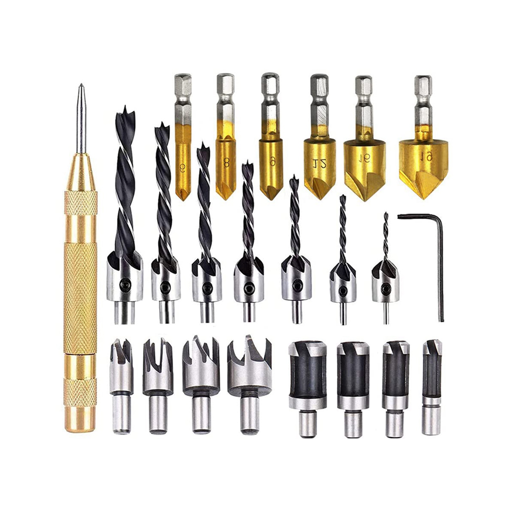 23-Pack Woodworking Chamfer Drilling Tool Set Wood Plug Cutter Three-Pointed Countersink Drill Bit 4851426826189