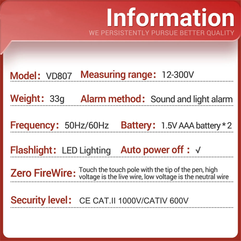 Vd807 Digital Voltage Detector Tester Pen Ac12-300V Testers Circuit Ncv Sensor Wire Electrician Tool(Red) 4852649086787