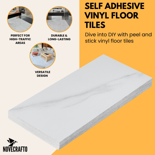 (White Rectangular (12x24 In), 20) Vinyl Floor Tiles Self Adhesive - Peel and Stick Tile  Square & Rectangular Marble Effect Tiles 2