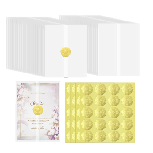 Wedding Invitations Wraps Set Include 100Pc Pre Folded Vellum Jackets for 5X7,Gold Self Adhesive Envelope Seal Stickers 1