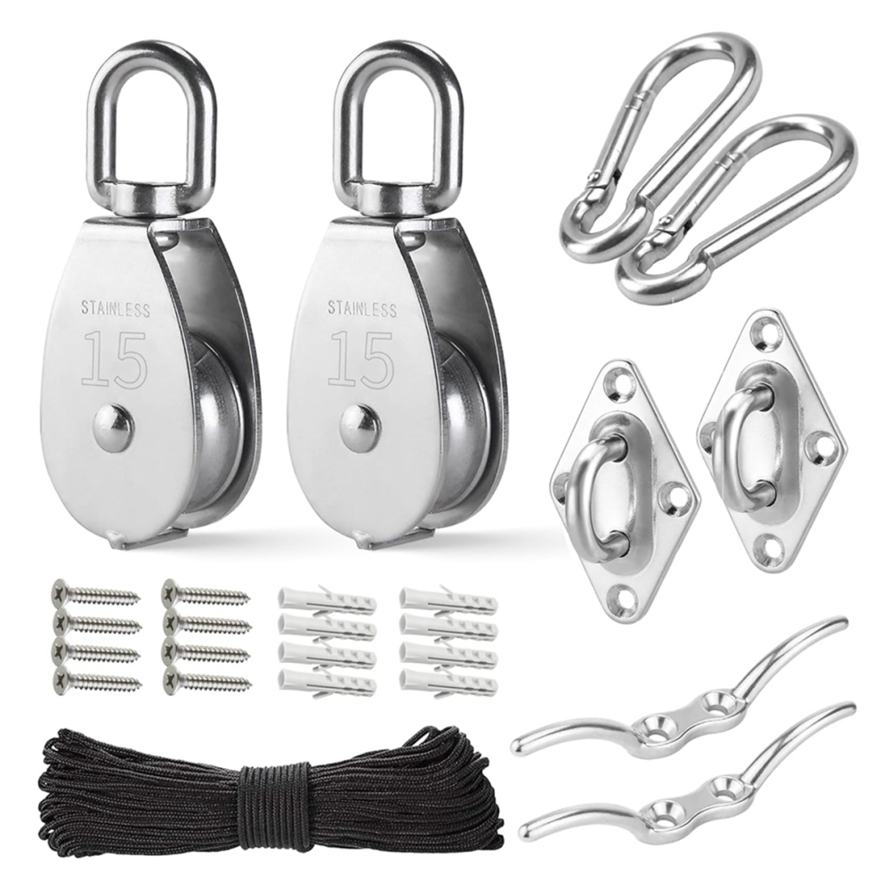 M15 Stainless Steel Pulley System Kit-Heavy-Duty Wheel, Block With Nylon Rope, For Lifting, Diy Projects 4852649015558