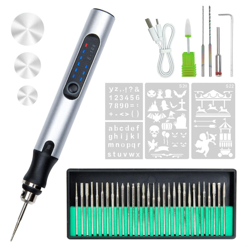 Usb Rechargeable Engraving Pen With 36 Bits, Mini Electric Engraver Machines Cordless Rotary Tools, Silver 4852649023485