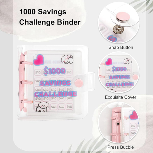 2PC 1000 Savings Challenge Binder, with Mini Envelope Book, Reusable Budget Binder Book (Pink) 2