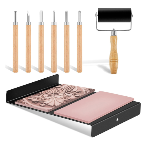 Block Printing Kit Include 1 Pcs Bench Hook and Inking Plate 2 Linoleum Set Cutter Roller 1