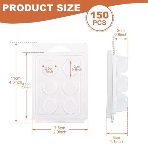 150 Pack Wax Melt Clamshells Molds, 6-Cavity Clear Empty Plastic Round Shape Square Container (Round) 2