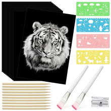 187 Pcs Scratch Paper Art Set Scratchboard Craft Kits Black Coated Wood Stylus and Stencils 8.5 X 11In