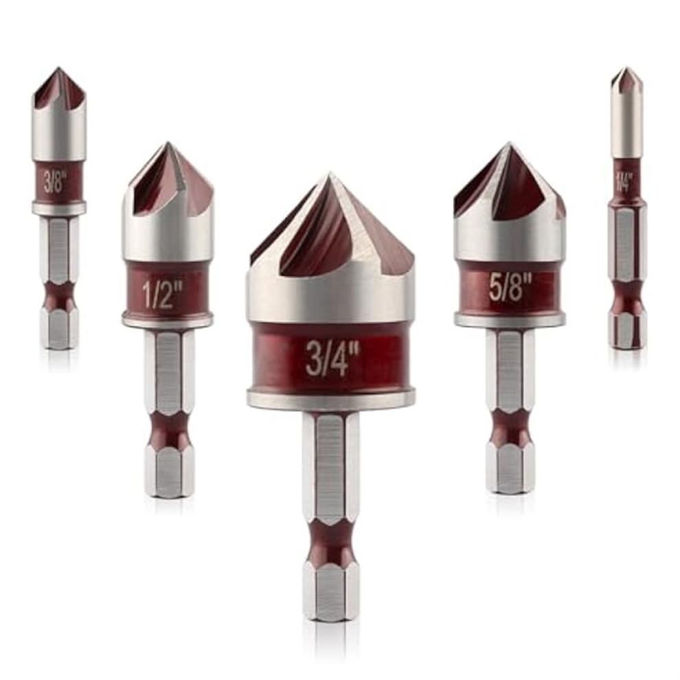 5PCS Countersink Drill Bit Set,82Degree 5 Flute HSS Bit, 1/4 Inch 3/8 1/2 5/8 3/4-image-OPC-PJ8GW28-NEW