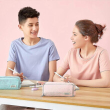 (Blue) Large Pencil Case Big Capacity 3 Compartments Canvas Pencil Pouch For Teen Boys Girls School Students (pink Strip Black Grid)