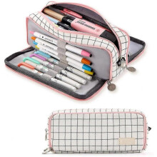 (Point) Large Pencil Case Big Capacity 3 Compartments Canvas Pencil Pouch For Teen Boys Girls School Students (pink Strip Black Grid)