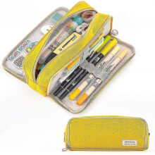 (Yellow) Large Pencil Case Big Capacity 3 Compartments Canvas Pencil Pouch For Teen Boys Girls School Students (pink Strip Black Grid)