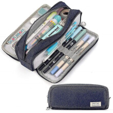 (Ice blue) Large Pencil Case Big Capacity 3 Compartments Canvas Pencil Pouch For Teen Boys Girls School Students (pink Strip Black Grid)